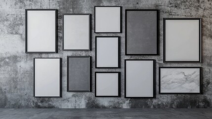 Poster - Loft style modern apartment featuring a wall art gallery with empty frames on a grunge concrete wall ideal for minimalist home decor ideas