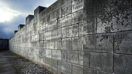 Poster - Interlocking grey precast concrete block wall with textured finish and square caps under cloudy sky showcasing industrial architecture.