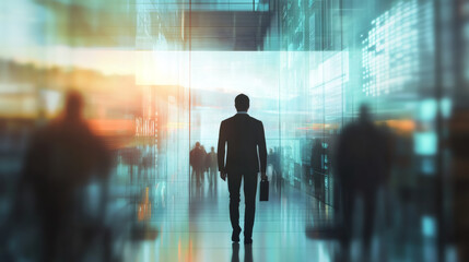 Aufkleber - Businessman walking in modern office corridor toward bright future, representing success, innovation, and business growth