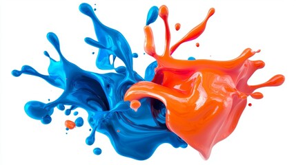 Poster - Orange and blue paint splashing and mixing together in midair against a clean white background, creating a vibrant and dynamic abstract visual