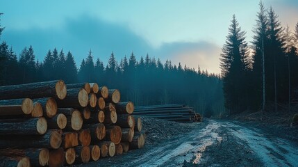 Poster - Lumber stacks beside a lush spruce forest at dawn highlighting the beauty of nature during the spring season