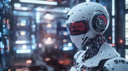 Aufkleber - White humanoid robot processing data in a futuristic server room, showcasing advanced technology and artificial intelligence