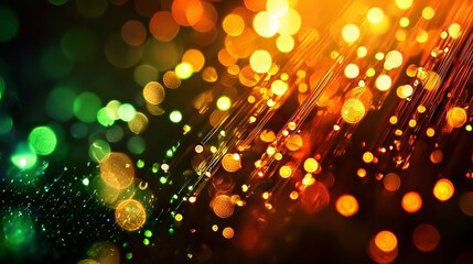 Poster - Fiber optics is creating a beautiful bokeh effect with green and orange lights, perfect for technology, communication, or festive backgrounds