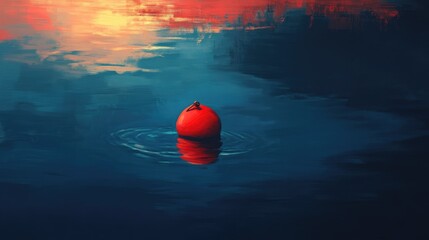 Poster - Lone red buoy gently bobbing on tranquil water reflecting vibrant sunset hues.