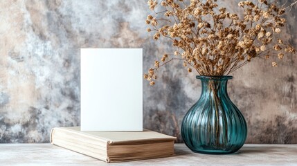 Poster - Modern greeting card mockup with dried flowers in a glass vase on a rustic table against an artistic cement wall background.