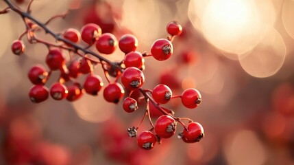 Poster - Red bokeh background featuring vibrant berries with soft light creating a warm and inviting natural atmosphere