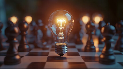 Poster - Glowing light bulb hovers above a chessboard, symbolizing strategic thinking, innovation, and problem-solving