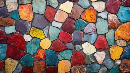 Poster - Vibrant colorful stone wall texture background with a matte film effect creating a unique and artistic visual display.