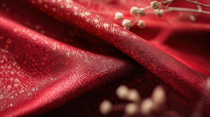 Poster - Elegant red fabric texture with intricate patterns and soft draping for fashion or interior design applications.