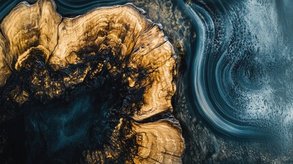 Poster - Abstract close-up of resin oak table featuring rich textures and contrasting colors showcasing natural beauty and artistry in wood design.