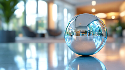 Canvas Print - Shiny sphere reflecting modern office lobby with large windows and plants, creating a distorted view of the interior design