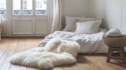 Poster - Minimalist cozy bedroom interior featuring wooden flooring and a plush faux fur rug for a warm and inviting atmosphere.