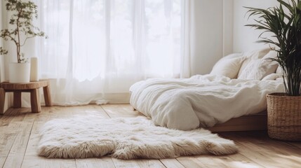 Poster - Minimalist cozy bedroom design featuring a wooden floor, faux fur rug, soft bedding, and natural light for a serene atmosphere