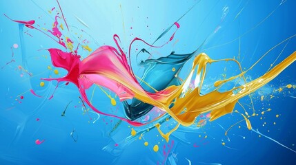 Poster - Pink, light blue and yellow paint splashing and mixing on a light blue background, creating abstract shapes and patterns, ideal for creative projects