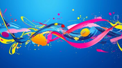 Poster - Colorful ribbons and paint splatters are dynamically intertwined, creating a vibrant and energetic abstract composition against a deep blue backdrop