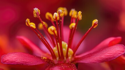 Poster - Close-up of red Hypericum flower showcasing vibrant petals and intricate stamen details against a blurred background.