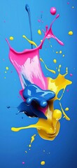 Poster - Magenta, cyan and yellow paints are splashing, mixing and creating a vibrant and dynamic abstract composition on a blue background, symbolizing creativity and color