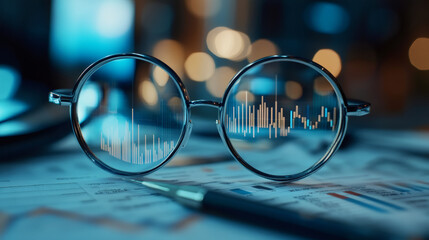 Poster - Eyeglasses with financial charts reflecting on business documents imply market analysis and investment decisions in a dimly lit office