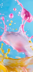 Poster - Splashing pink and yellow paint creates vibrant droplets and bubbles against a light blue background, forming an abstract and dynamic image full of energy and color