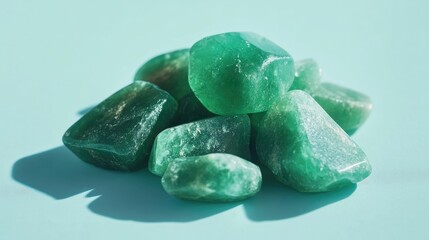 Poster - natural green aventurine gemstones arranged on a light blue background showcasing their unique textu