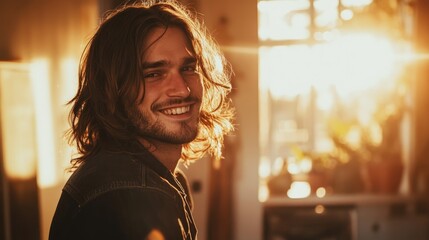 Poster - Smiling man with long hair in a house interior during golden hour sunlight showcasing natural warmth and inviting atmosphere