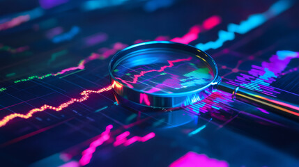 Poster - Magnifying glass focusing on vibrant financial charts, symbolizing in-depth market analysis and investment strategy development