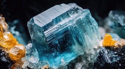 Poster - macro shot of vibrant aquamarine and tourmaline minerals on a dark background showcasing intricate c