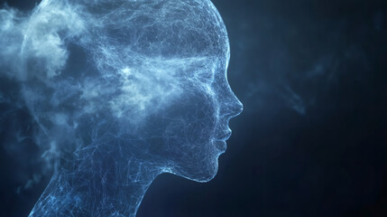 Poster - Blue lines radiate from a human face, enveloped in smoke, representing artificial intelligence and neural networks