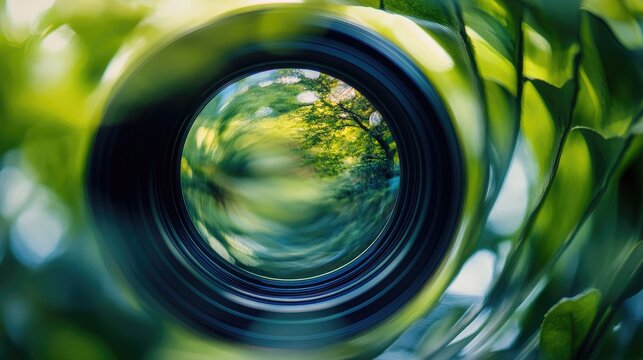 Nature through a vintage lens creating a swirling bokeh effect with vibrant greenery in the background.