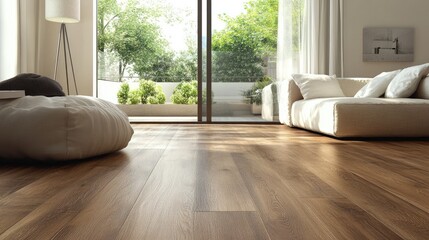 Poster - Laying laminate flooring indoors with a modern living room and natural light enhancing the warm wood tones and inviting atmosphere
