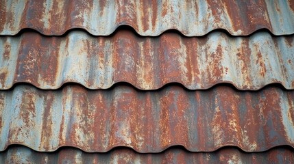 Poster - Rusty corrugated metal roofing texture with layered patterns showcasing aged weathered iron surfaces and diverse color variations