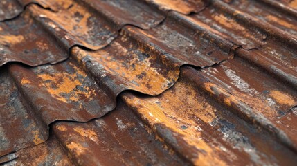 Poster - Rusty metal roofing tiles with textured surface showcasing weathered patterns and colors of aged iron structures.
