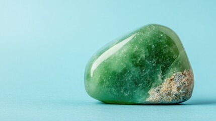 Poster - tumbled green aventurine gemstone on soft blue background showcasing natural mineral rock textures a