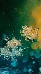 Poster - Suspended in mid-air, two abstract shapes formed by splashing water droplets create a dynamic display against a softly blurred background of vibrant green and gold bokeh