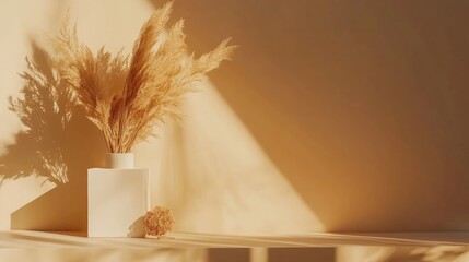 Poster - Elegant minimalist decor featuring a vase with dried flowers casting shadows on a beige wall ideal for modern home aesthetic inspiration.