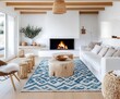 © InteriVio - Modern Scandinavian Living Room with Turquoise Rug and Fireplace