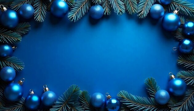  A royal blue Christmas template with a festive frame of royal blue ornaments and garland, concept christmas, banner, poster, wallpaper, header, template, created with generative ai
