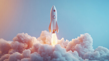 Aufkleber - White space rocket launching through a cloudy blue sky, creating a dramatic smoke trail while symbolizing innovation and progress