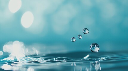 Poster - Sparkling water droplets, reflecting light and suspended in mid-air above a gently rippling surface of turquoise water, create a mesmerizing scene of purity and tranquility