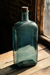 Poster - A vintage glass bottle resting on a wooden surface near a window.