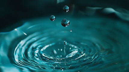 Poster - Multiple water droplets falling into a vibrant turquoise pool, creating mesmerizing concentric ripples and an energetic central splash, capturing the essence of fluid motion and beauty