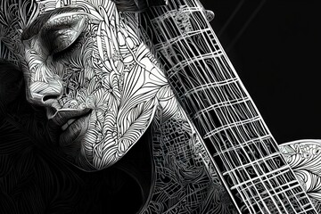 Canvas Print - Abstract monochrome art; woman, guitar, intricate lines.