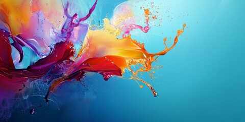 Poster - Vivid colors exploding and splashing against a vibrant teal background, creating an energetic abstract design filled with dynamic movement and captivating patterns