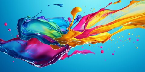 Poster - Brightly colored paint splashes, creating a vibrant and dynamic abstract composition against a light blue backdrop, perfect for representing creativity, art, and design