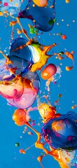 Poster - Colorful paint is splashing and exploding on a vibrant blue background, creating a dynamic and abstract composition with various shapes and textures