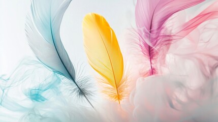 Poster - Light and airy feather plumes gracefully floating above a vibrant, colorful abstract smoke cloud, creating a dreamy and ethereal atmosphere filled with magic and inspiration