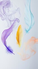 Poster - Four vibrant feathers float gracefully against a soft pastel background, enveloped in delicate, ethereal smoke, creating a whimsical and dreamlike atmosphere