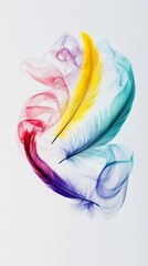 Poster - Colorful feathers gracefully float on swirling smoke trails against a white background, forming a vibrant and artistic design that evokes lightness and creativity