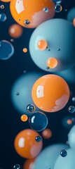 Poster - Abstract 3d render of glossy orange and blue spheres floating in a dark space with smaller transparent bubbles, creating a visually appealing contrast and depth