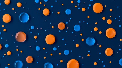 Poster - Orange and blue spheres of various sizes are creating an abstract, visually appealing pattern on a dark blue background, offering a modern and vibrant design